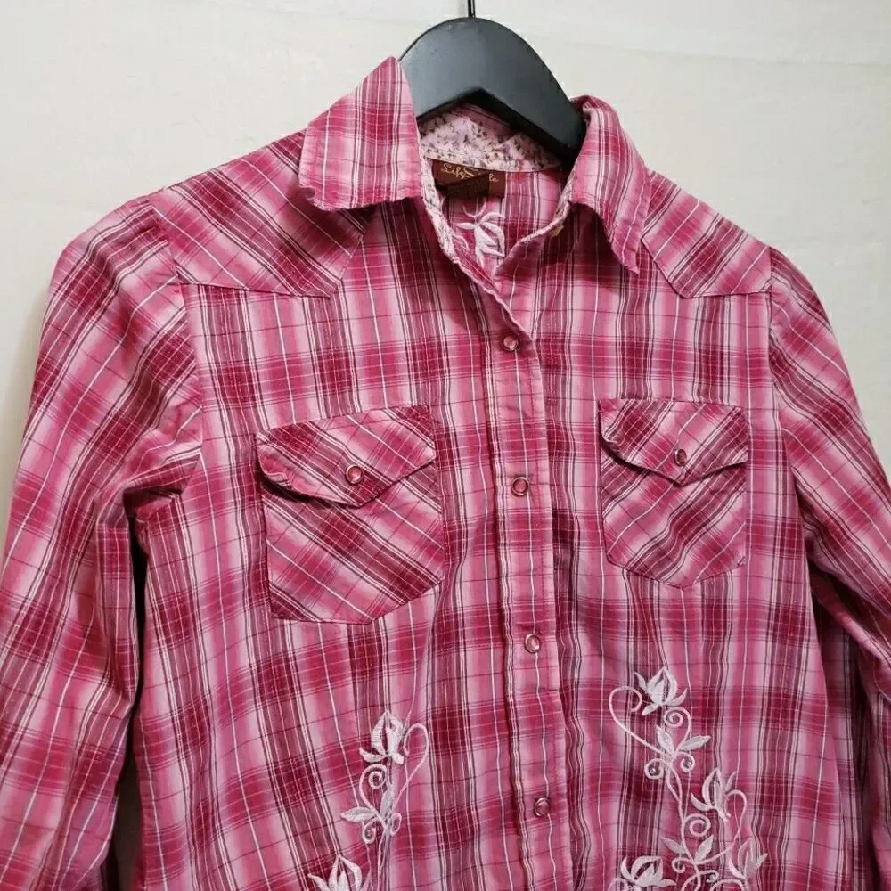 LifeStyle Pink Plaid Embroidered Western Snap Shirt Women's Size S Long Sleeve